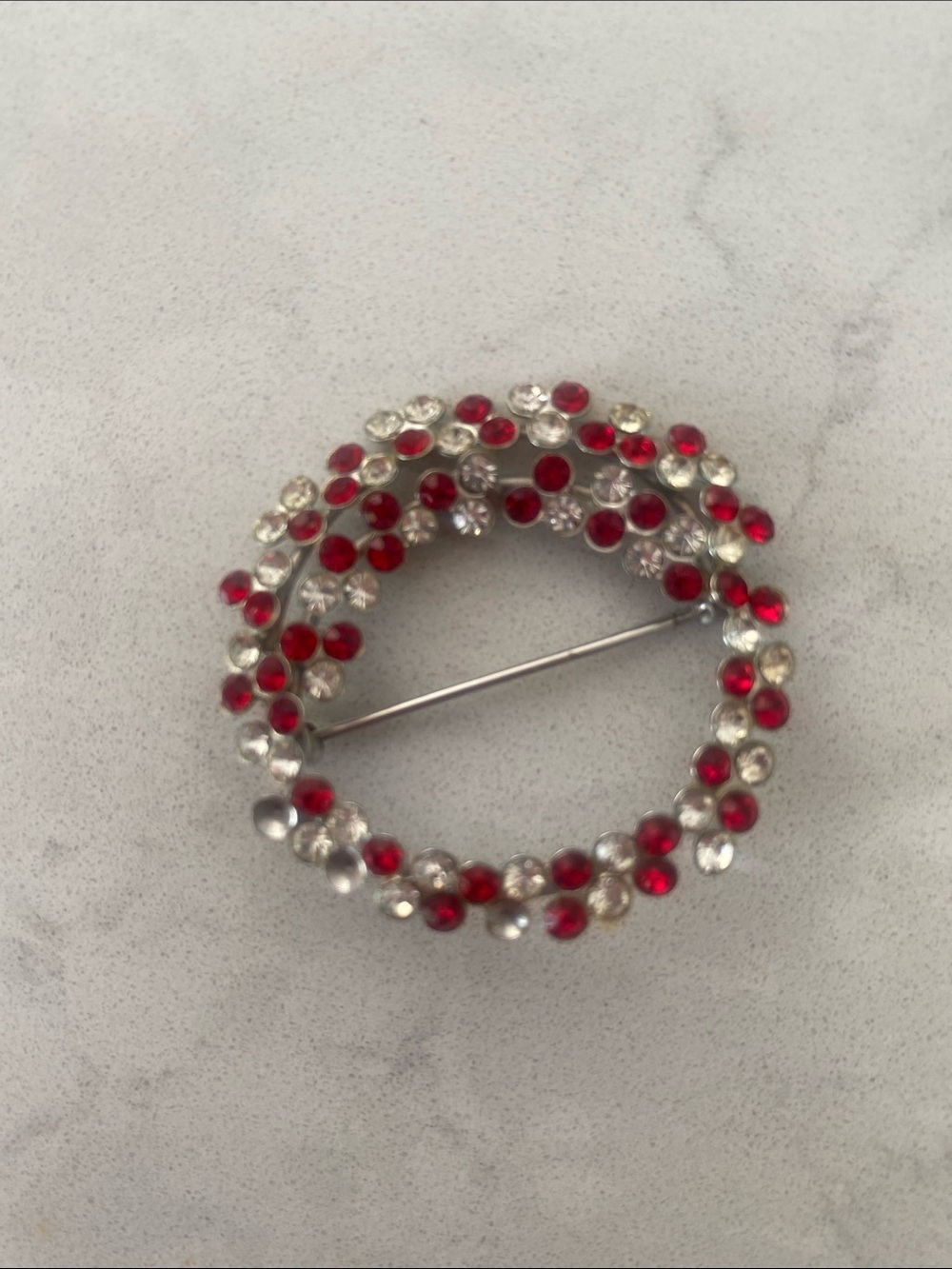 Vintage-Inspired Red and Clear Crystal Wreath Brooch